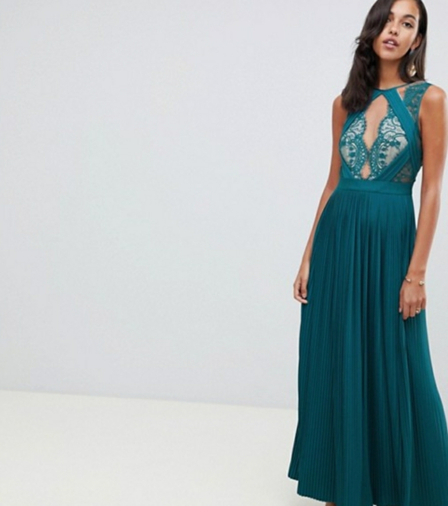 ASOS DESIGN premium scallop lace top pleated maxi